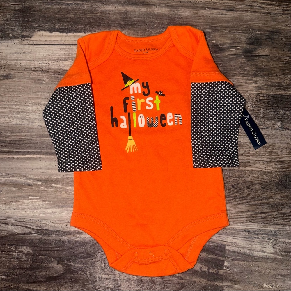 Vintage My First Halloween Orange Halloween Onesie Bodysuit Sz 0-3M & 3-6